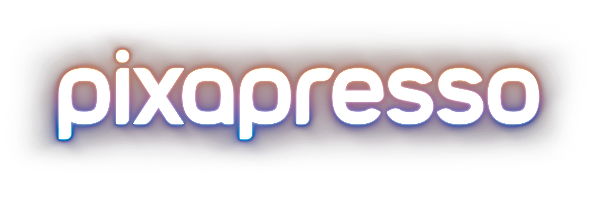 Думата „Pixapresso“ свети в бяло и оранжево на тъмен фон с тема Wacaco.