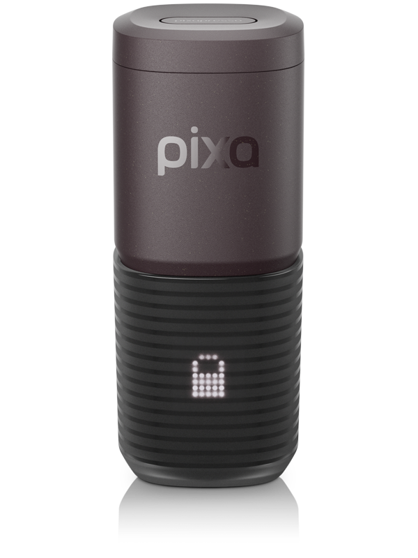 Цилиндричен тъмен Wacaco® Pixapresso с оребрена основа и пикселизиран квадратен преден модел.