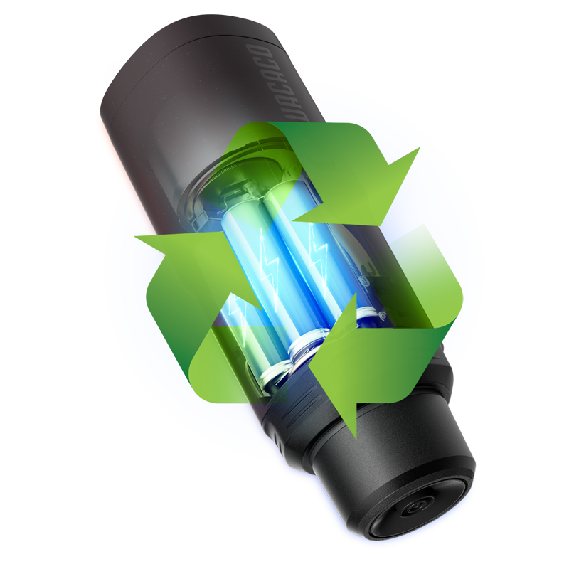 Wacaco® Pixapresso със синя светкавична батерия, символизираща обновяване на енергията и устойчивост.