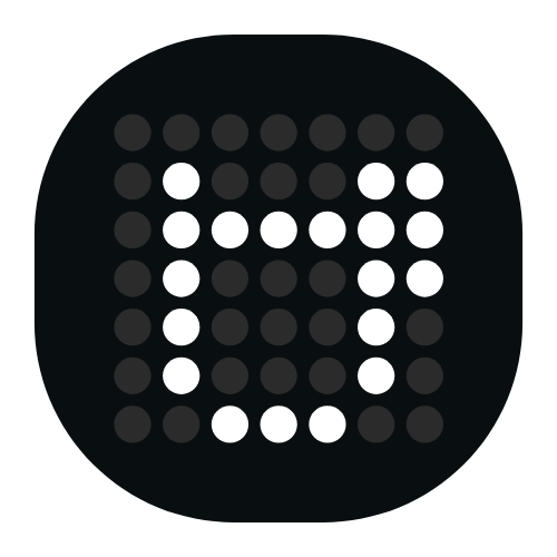 Черна мрежа от кръгли точки, образуващи "M" с бели точки, вдъхновени от Wacaco Pixapresso.