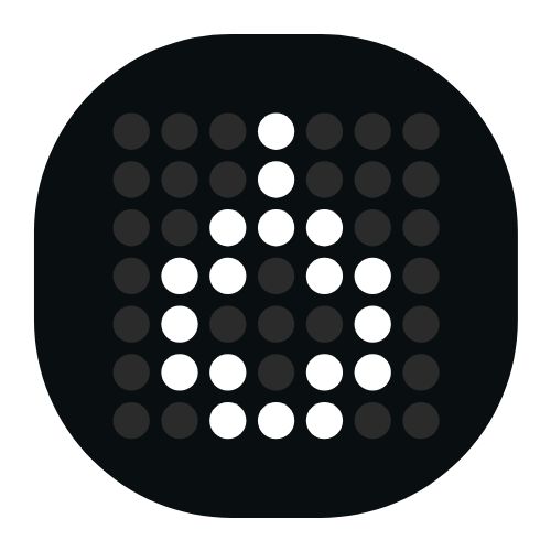 Черните и белите точки образуват стрелка, подобна на Wacaco® Pixapresso, сочеща нагоре на тъмен фон.