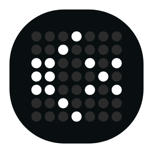 Решетка от тъмни/светли кръгове върху черно, вдъхновена от абстрактните диагонални бели кръгове на Wacaco Pixapresso.