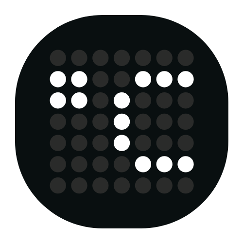 Черен кръг, мрежа от точки; белите точки образуват "Т", отразявайки дизайна на Електрическа преносима кафемашина на Wacaco - Pixapresso.