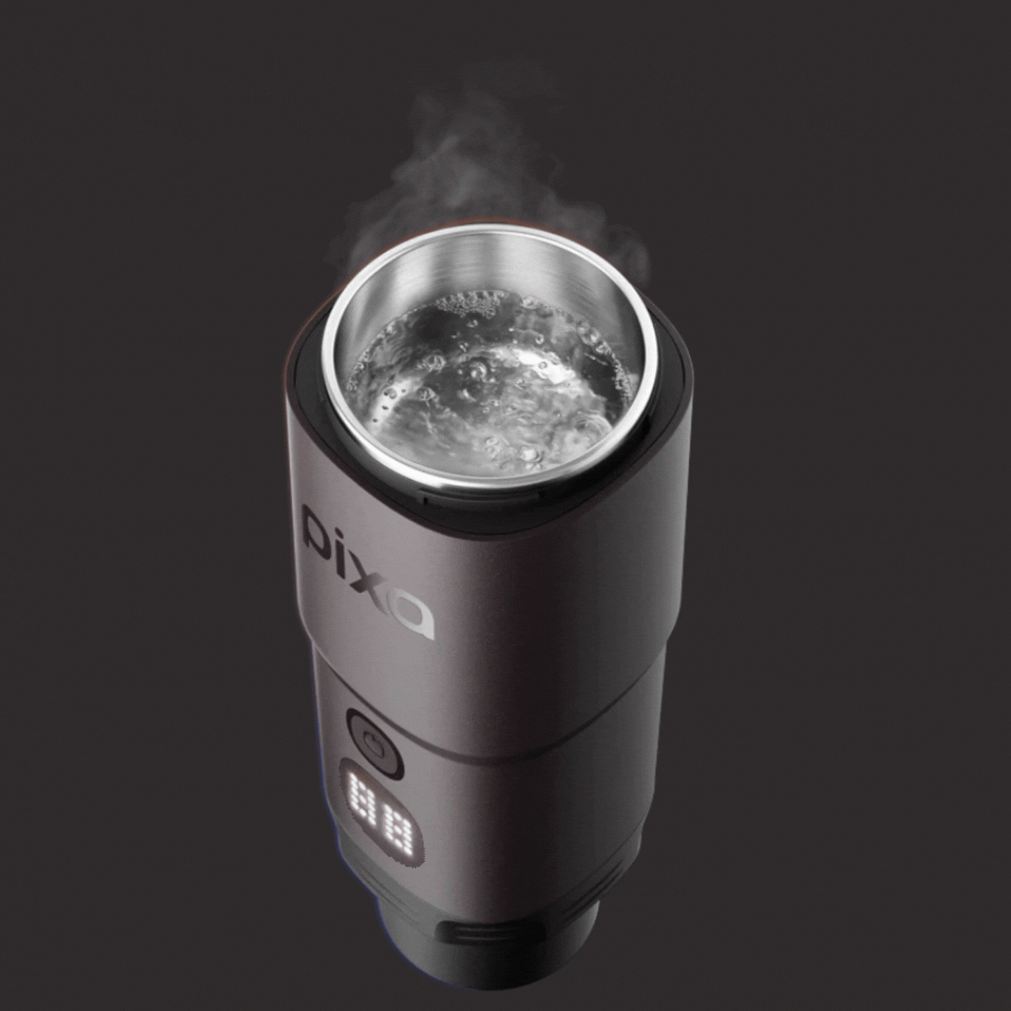 Wacaco Pixapresso, преносима електрическа чаша, загрява вода в сиво, с цифров дисплей за температура.